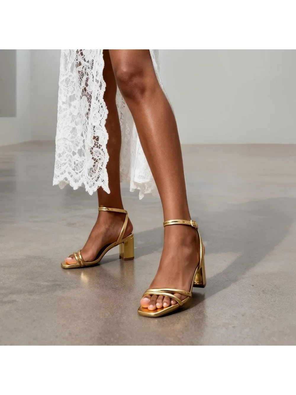 Women's Gold Faux Leather Square-Toe Chunky Block Ankle Buckle Heeled Sandals